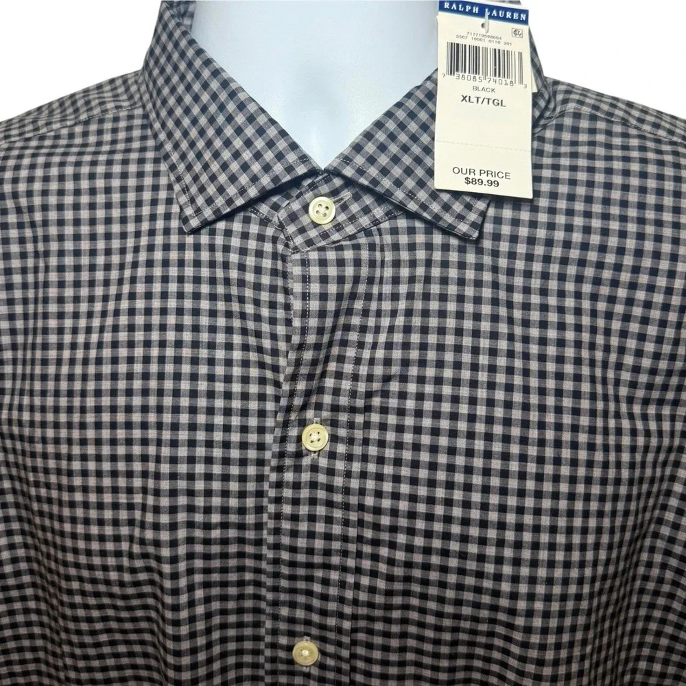 Polo Ralph Lauren Mens XLT Black Gingham Cotton Stretch Button Down Shirt L/S